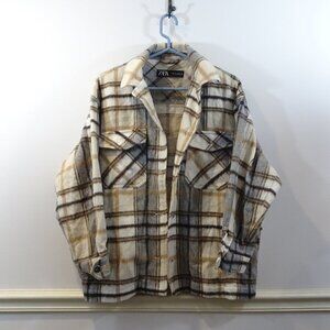 ZARA Plaid Shacket Cream Tan Gray Flannel Shirt Jacket Size M Pockets Wool Blend